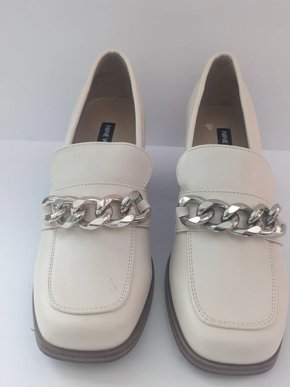 Nine West Women's Cream Chain Chunky Heel Trim Loafers 6